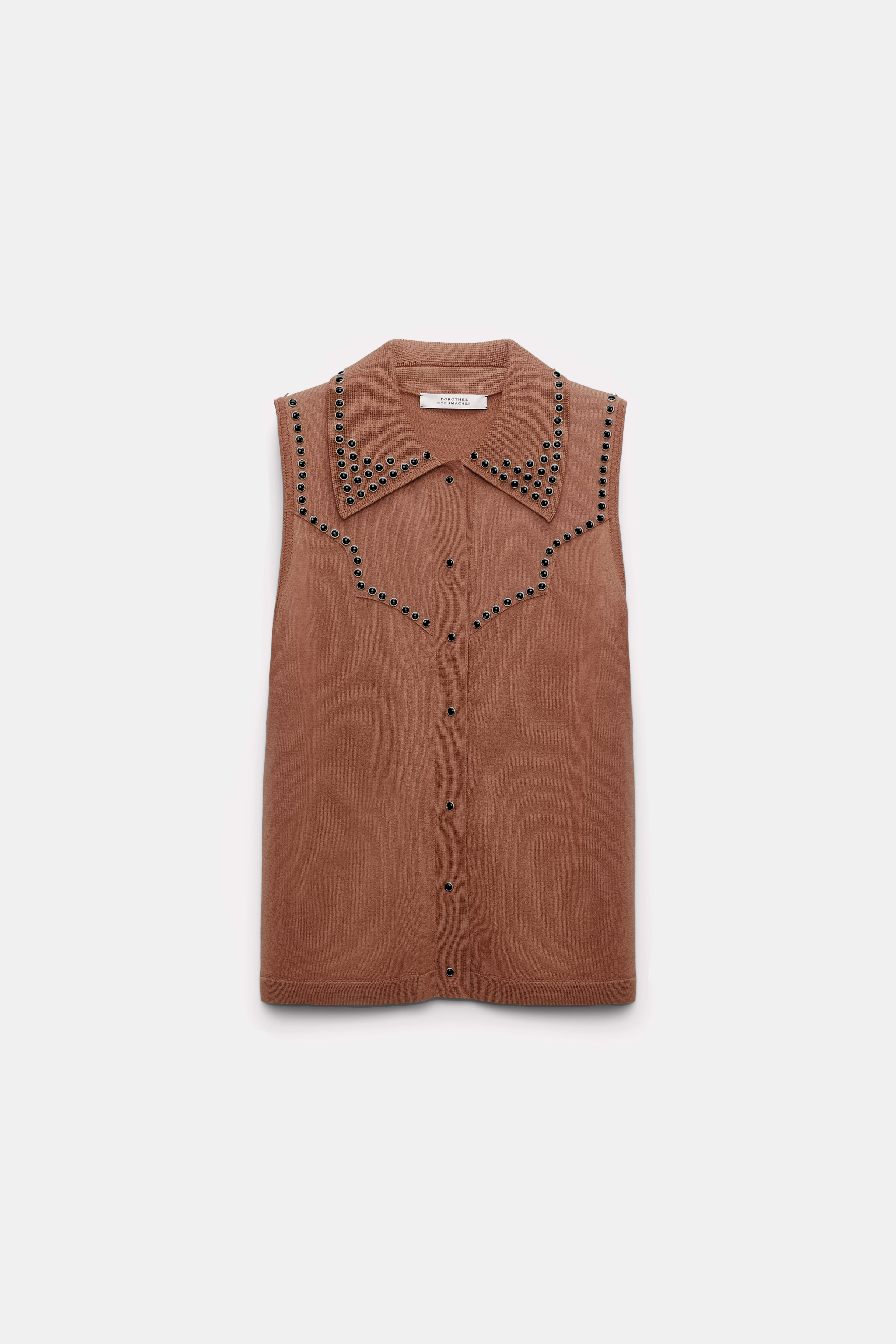 Dorothee Schumacher Embellished sleeveless knit shirt with polo collar dark beige
