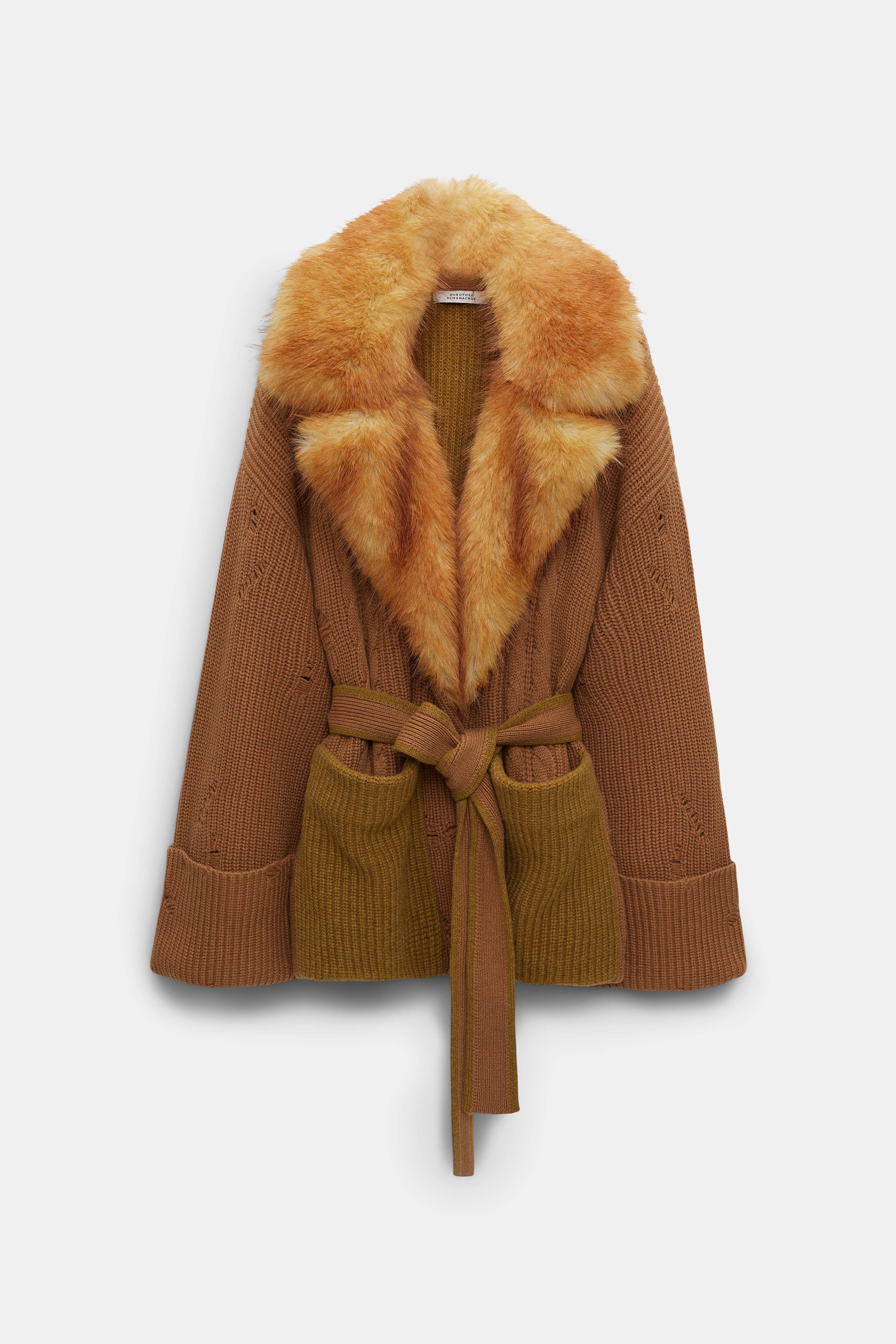 Dorothee Schumacher Cardigan mit Reverskragen aus Fake-Fur und Strickgürtel camel mix