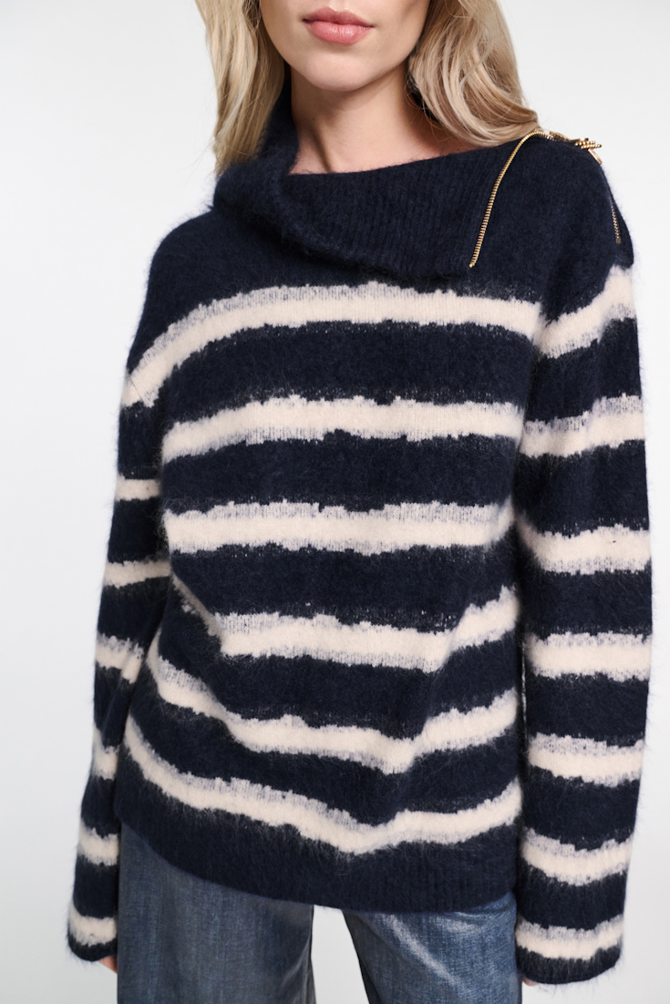 Dorothee Schumacher Fluffy Rollkragenpullover mit Reißverschluss blue shadow stripe