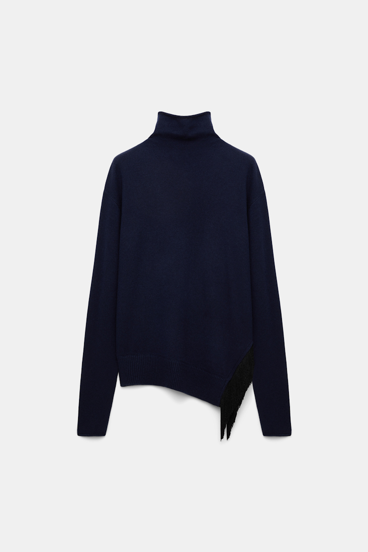Dorothee Schumacher Rollkragenpullover aus Merino und Kaschmir mit Fransen navy