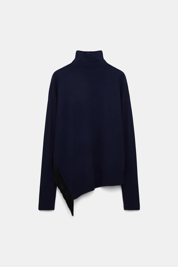 Dorothee Schumacher Rollkragenpullover aus Merino und Kaschmir mit Fransen navy