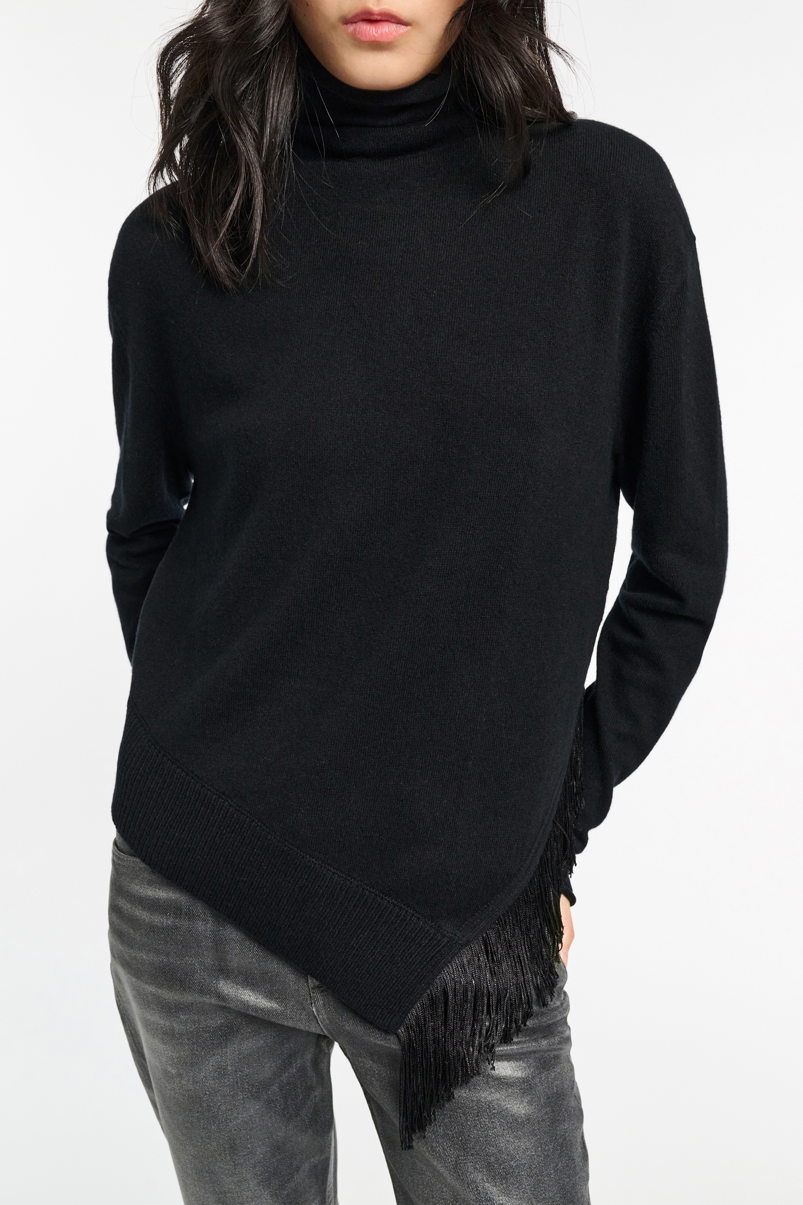 Dorothee Schumacher Rollkragenpullover aus Merino und Kaschmir mit Fransen pure black