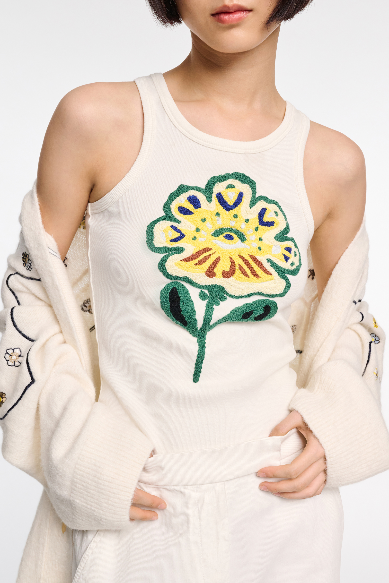 Dorothee Schumacher Fine rib tank top with flower embroidery light yellow