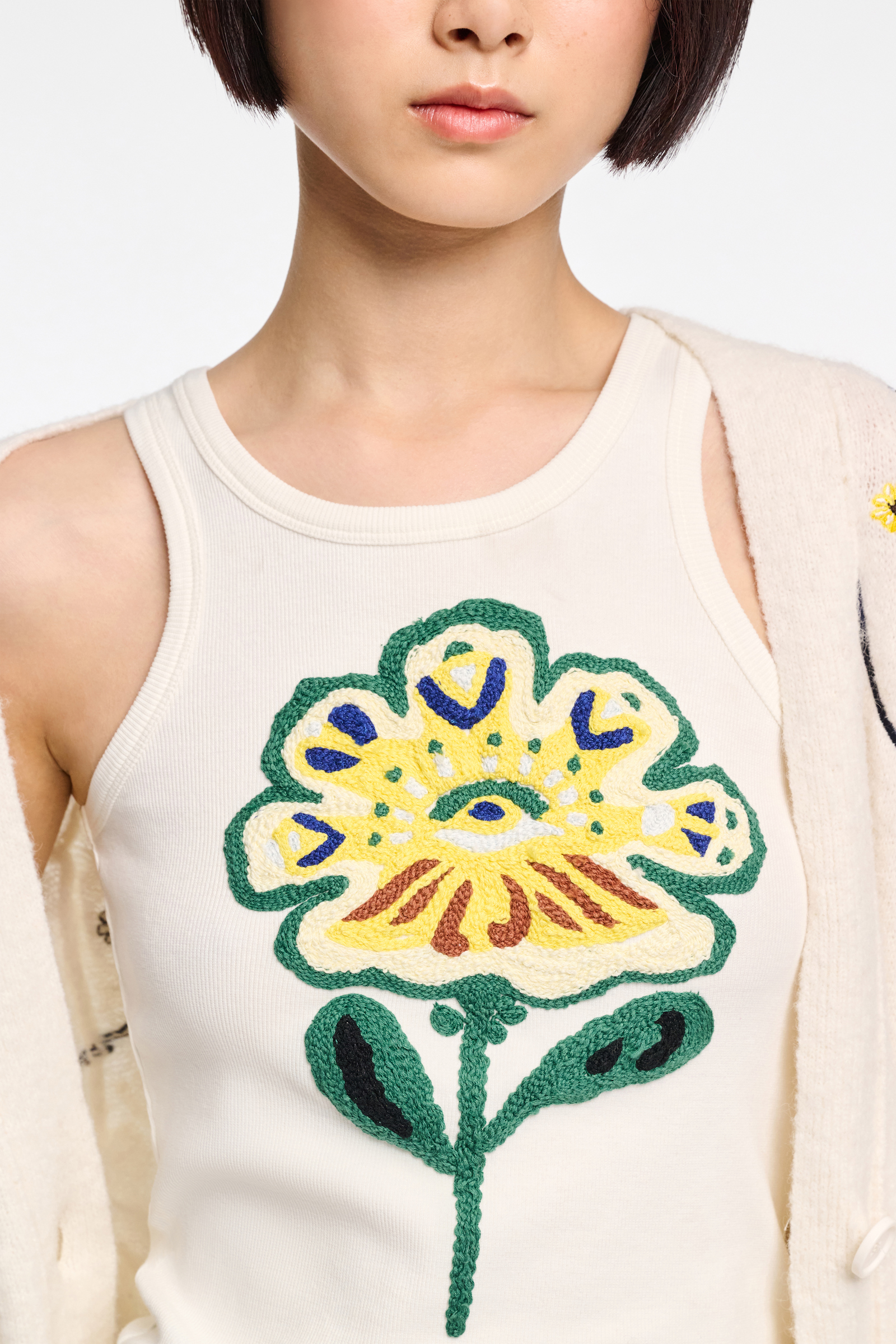 Dorothee Schumacher Fine rib tank top with flower embroidery light yellow