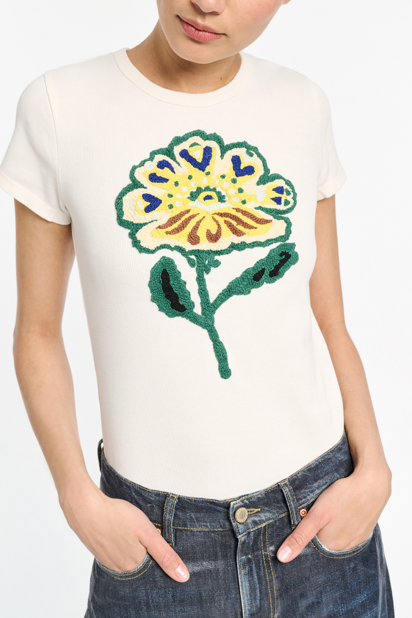 Dorothee Schumacher Fine rib T-shirt with flower embroidery light yellow