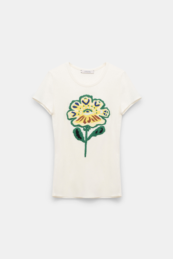 Dorothee Schumacher Fine rib T-shirt with flower embroidery light yellow
