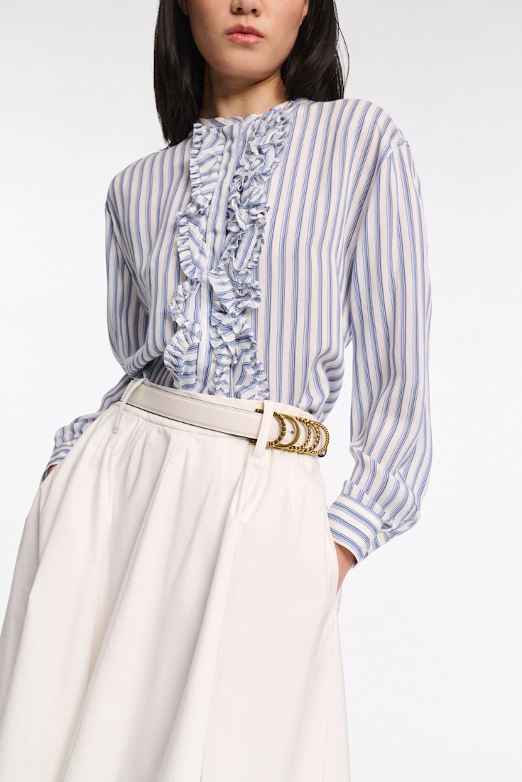 Dorothee Schumacher Striped silk-viscose blouson-style blouse with ruffles blue shadow stripe