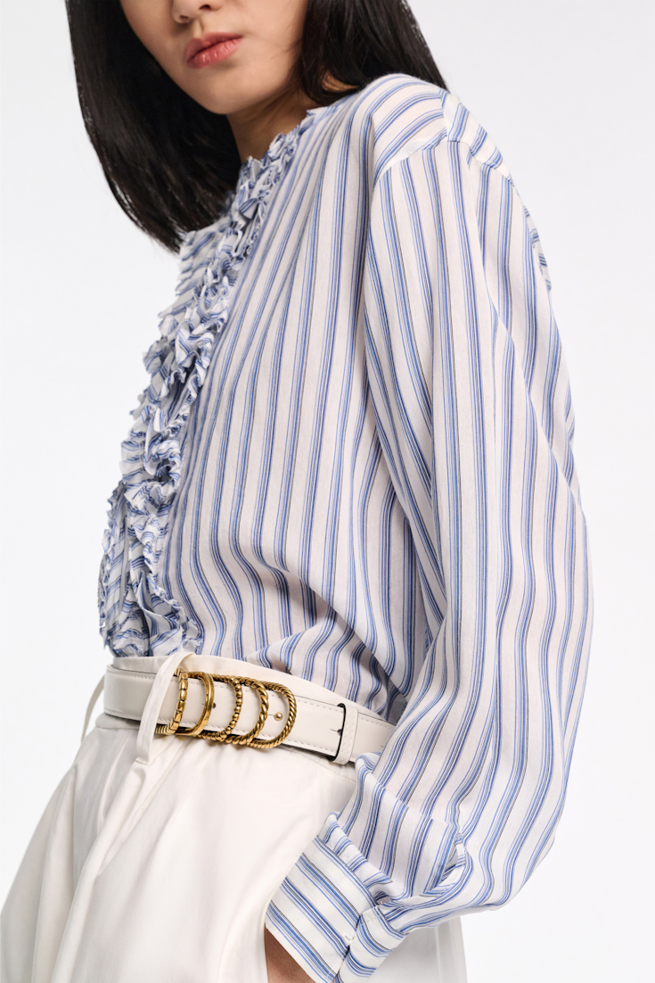 Dorothee Schumacher Striped silk-viscose blouson-style blouse with ruffles blue shadow stripe