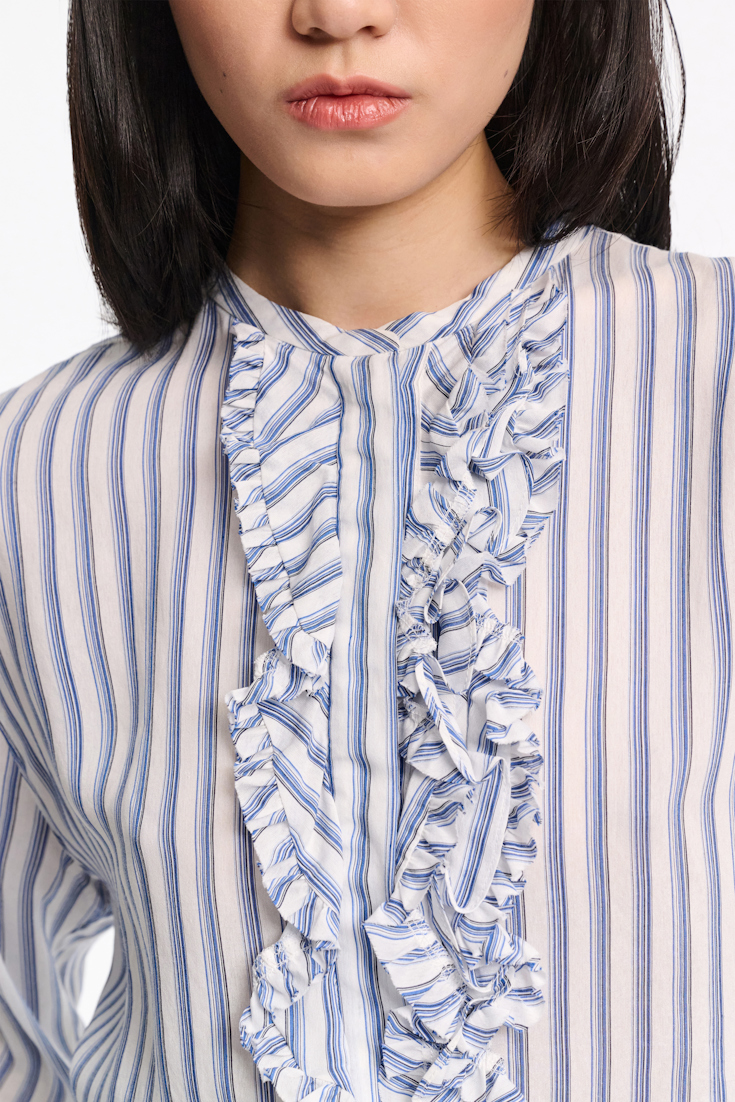 Dorothee Schumacher Striped silk-viscose blouson-style blouse with ruffles blue shadow stripe
