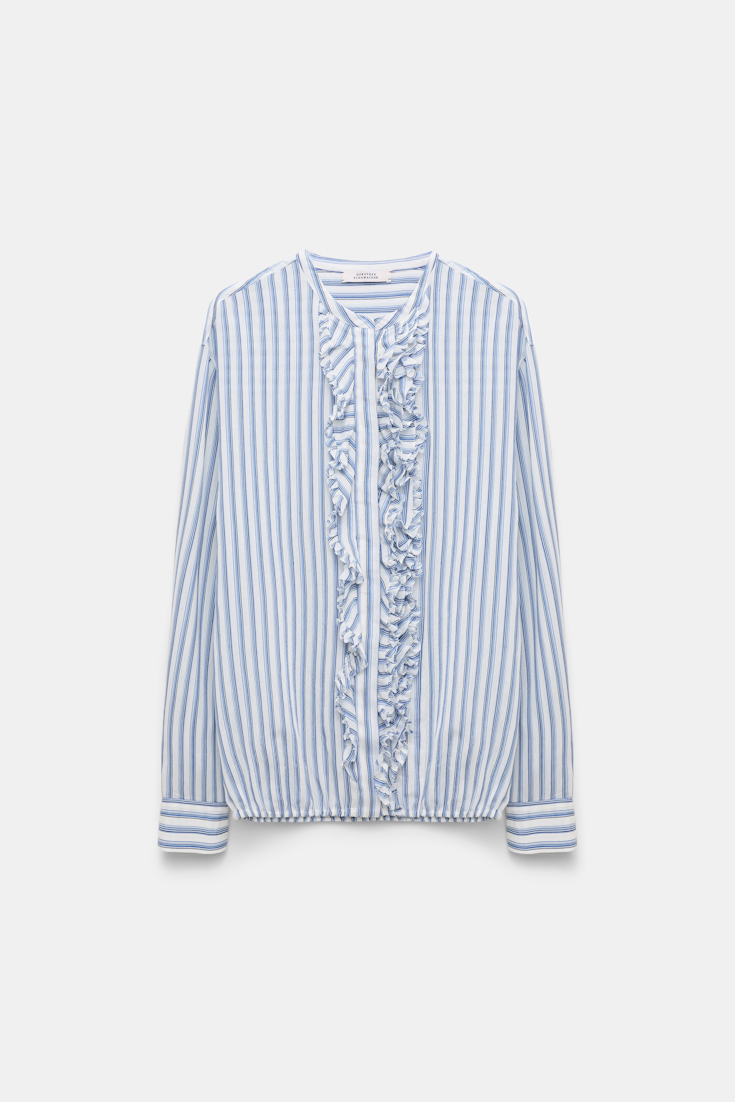 Dorothee Schumacher Striped silk-viscose blouson-style blouse with ruffles blue shadow stripe