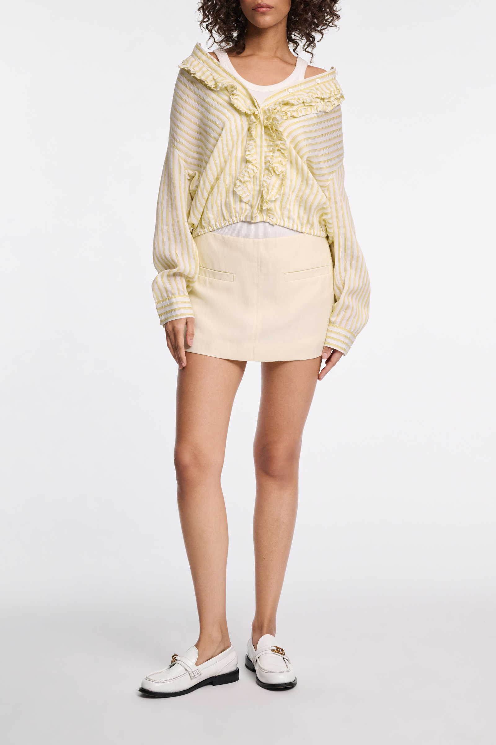 Dorothee Schumacher Striped silk-viscose blouson-style blouse with ruffles yellow shadow stripe