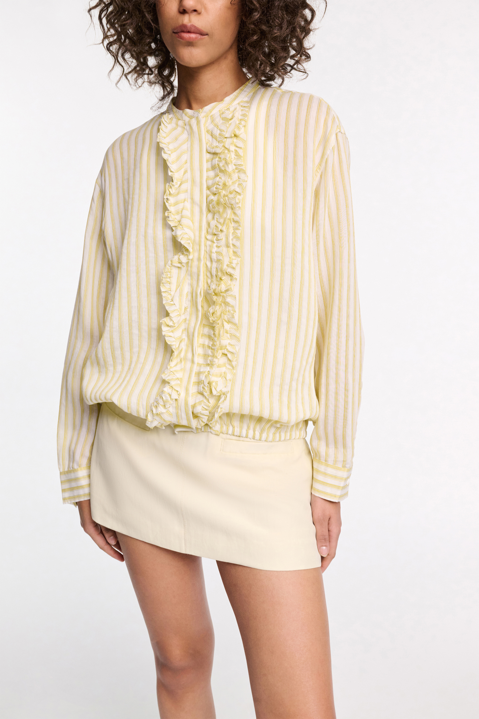 Dorothee Schumacher Striped silk-viscose blouson-style blouse with ruffles yellow shadow stripe