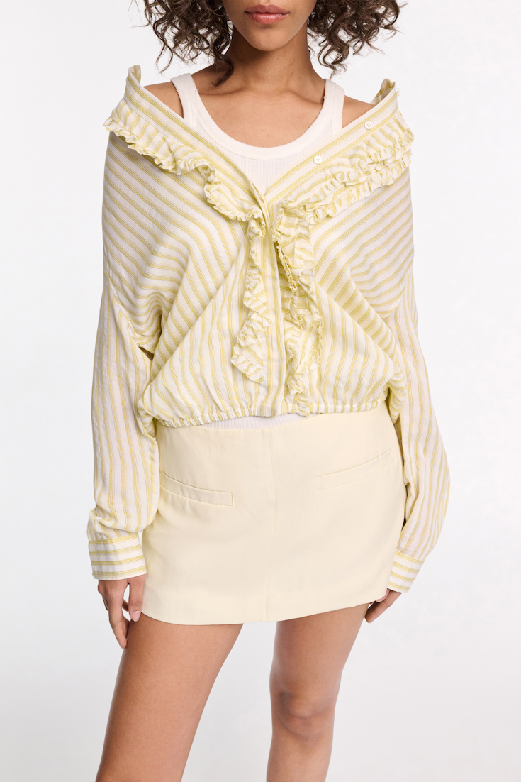 Dorothee Schumacher Striped silk-viscose blouson-style blouse with ruffles yellow shadow stripe