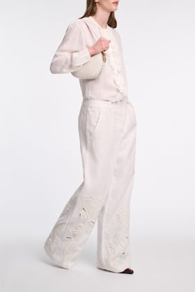 Dorothee Schumacher Striped silk-viscose blouson-style blouse with ruffles pure white