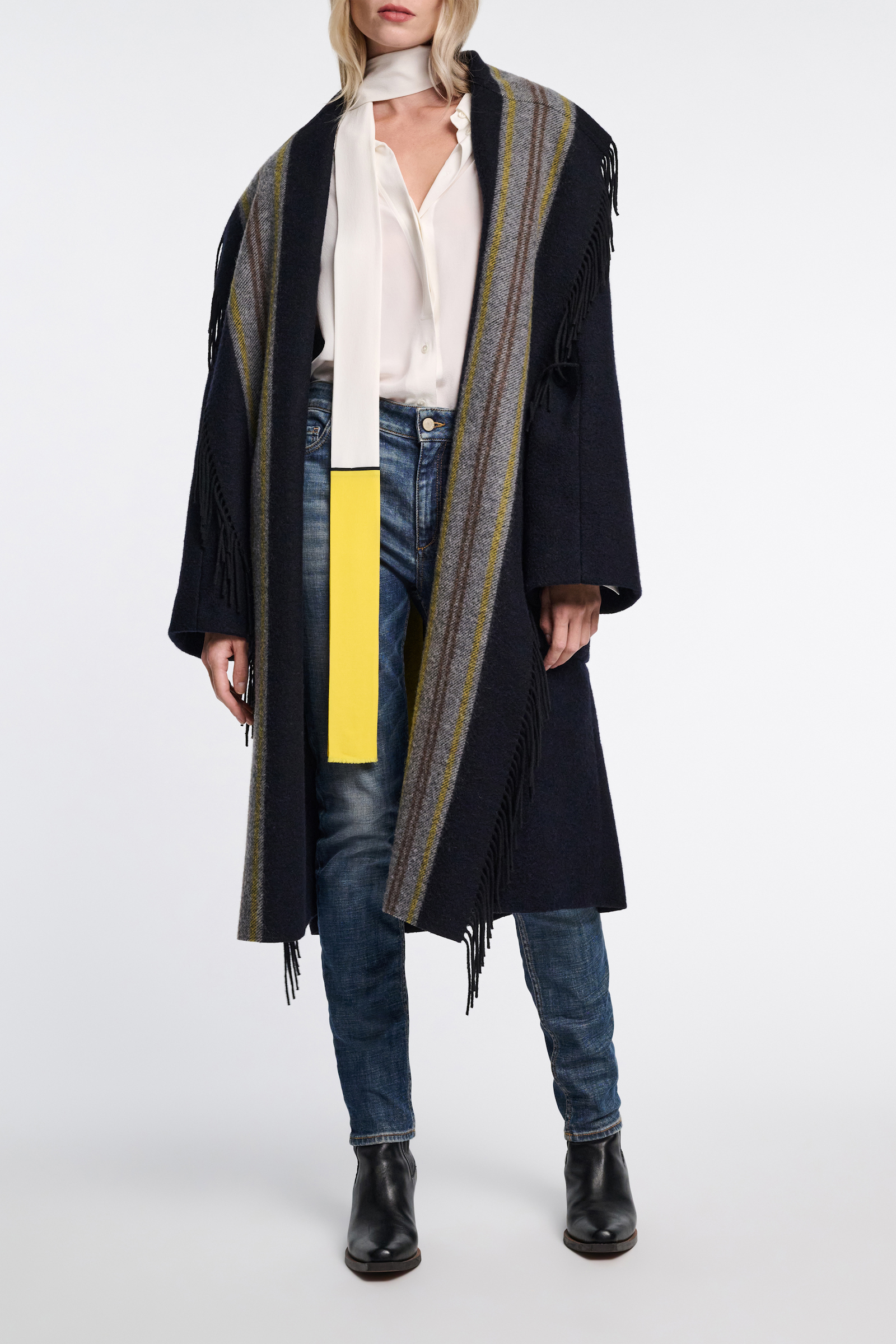 Dorothee Schumacher Oversized long coat with striped collar and fringe blue mix