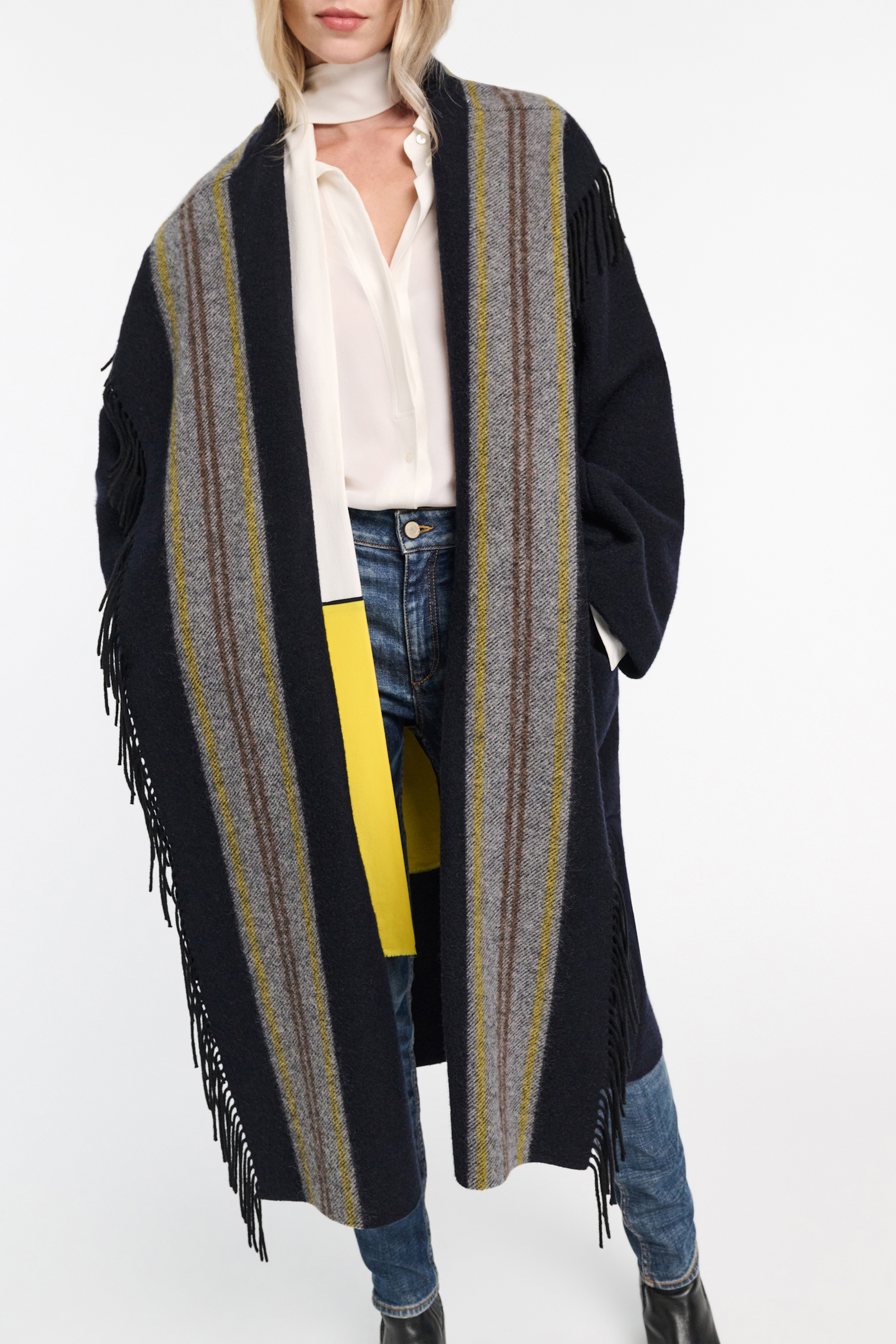 Dorothee Schumacher Oversized long coat with striped collar and fringe blue mix