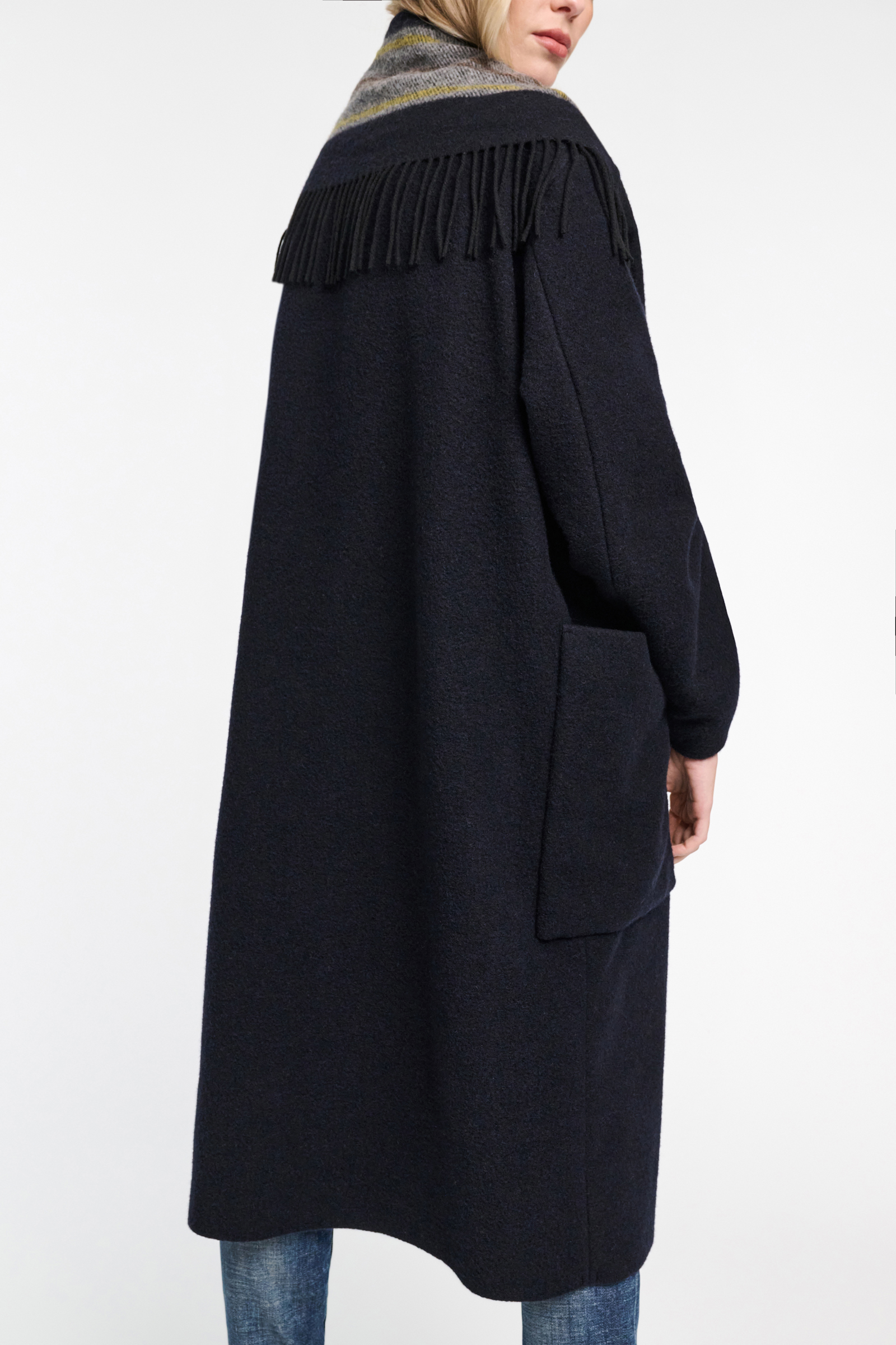 Dorothee Schumacher Oversized long coat with striped collar and fringe blue mix