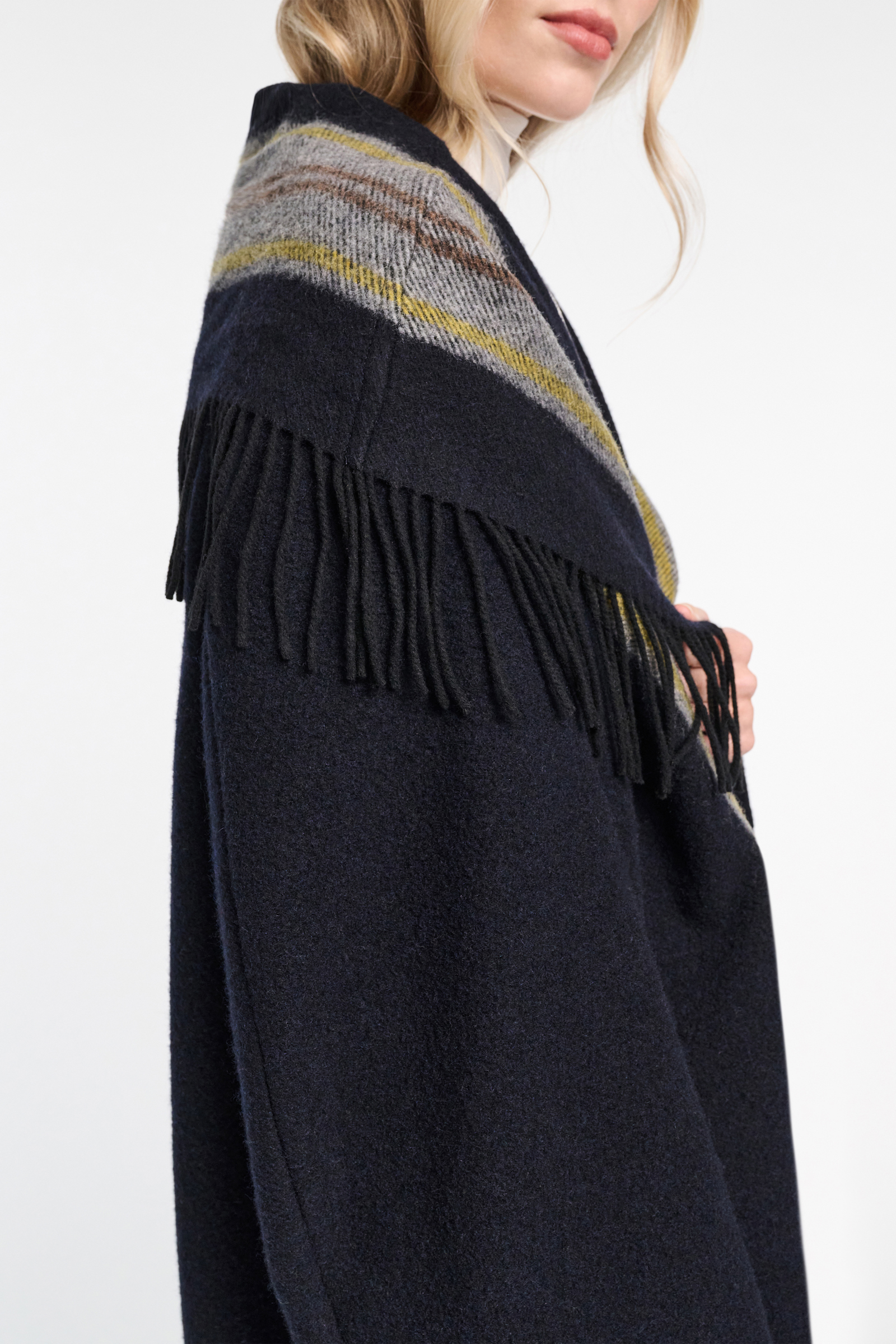 Dorothee Schumacher Oversized long coat with striped collar and fringe blue mix