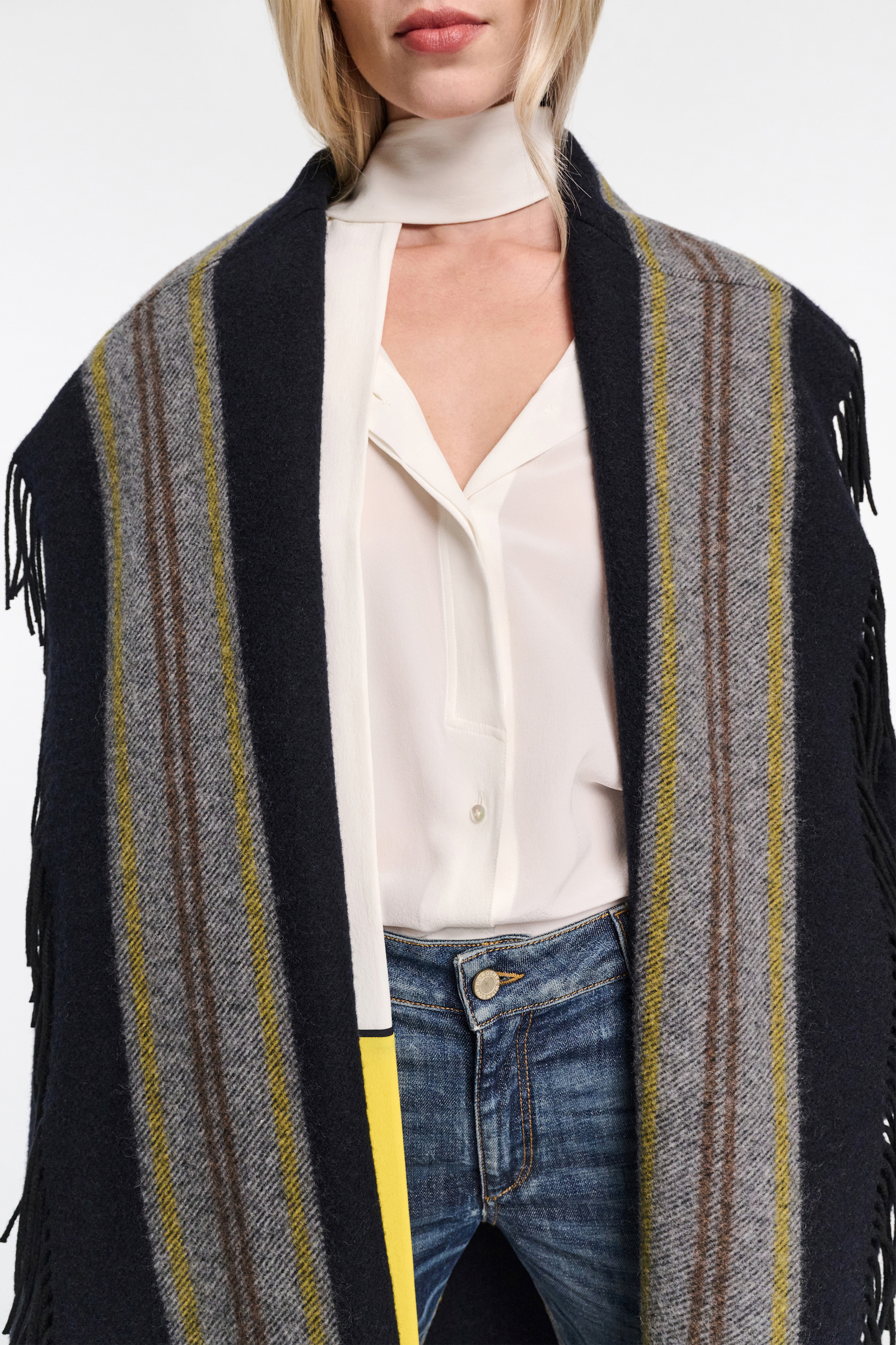 Dorothee Schumacher Oversized long coat with striped collar and fringe blue mix
