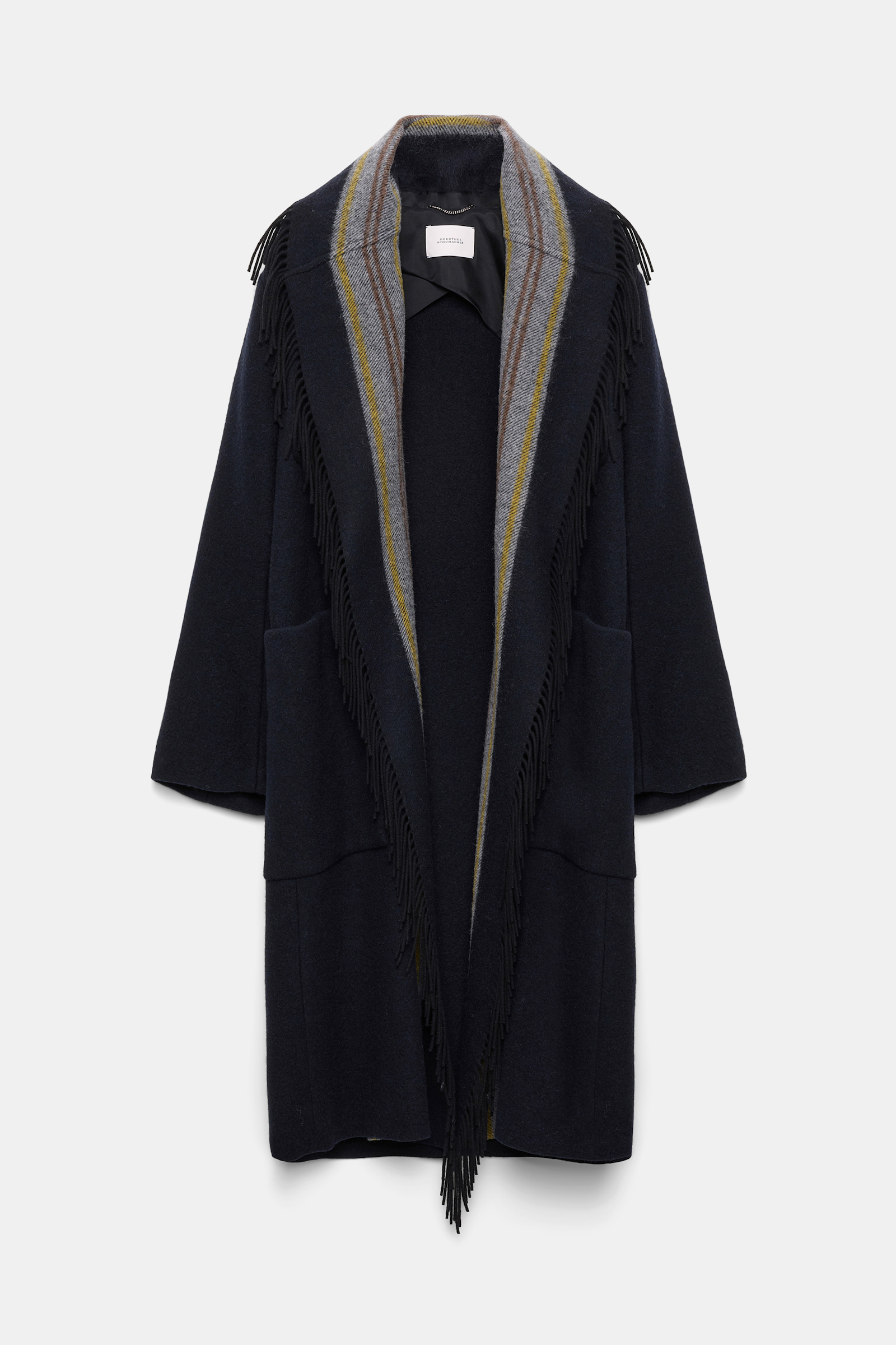 Dorothee Schumacher Oversized long coat with striped collar and fringe blue mix