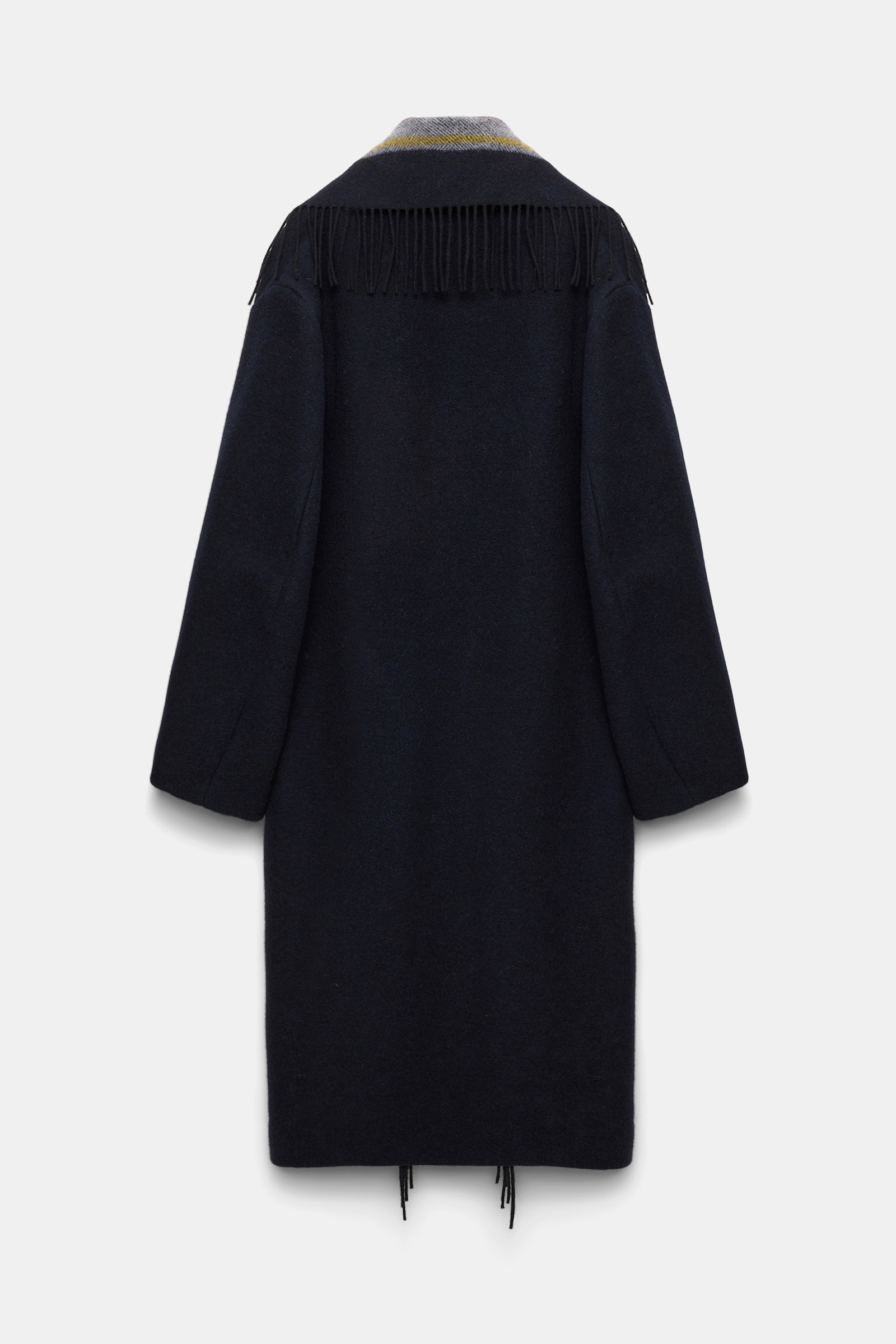Dorothee Schumacher Oversized long coat with striped collar and fringe blue mix
