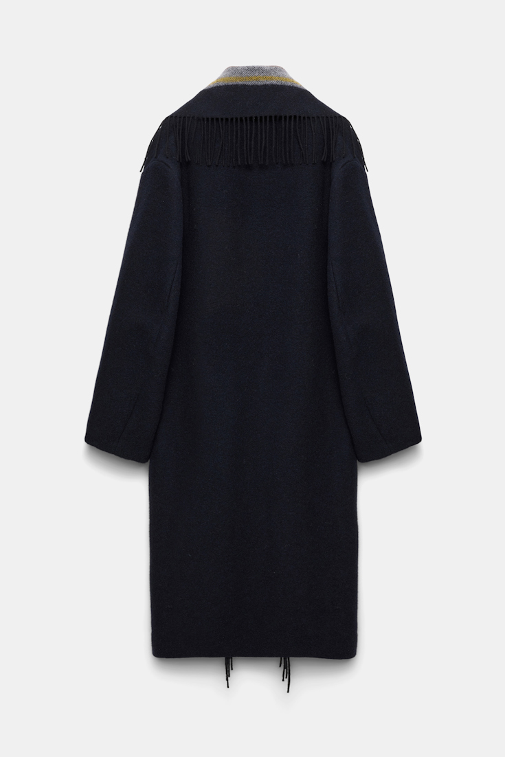Dorothee Schumacher Oversized long coat with striped collar and fringe blue mix