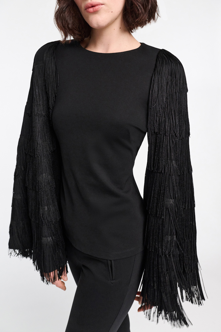 Dorothee Schumacher Langarmtop aus Punto Milano mit Fransen an den Ärmeln pure black