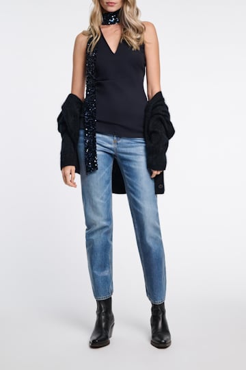Dorothee Schumacher V-Neck Top aus Punto Milano mit Pailletten-Schal dark navy