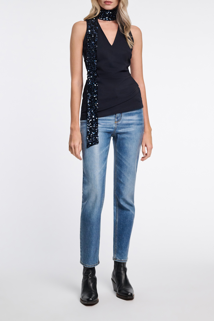 Dorothee Schumacher V-Neck Top aus Punto Milano mit Pailletten-Schal dark navy