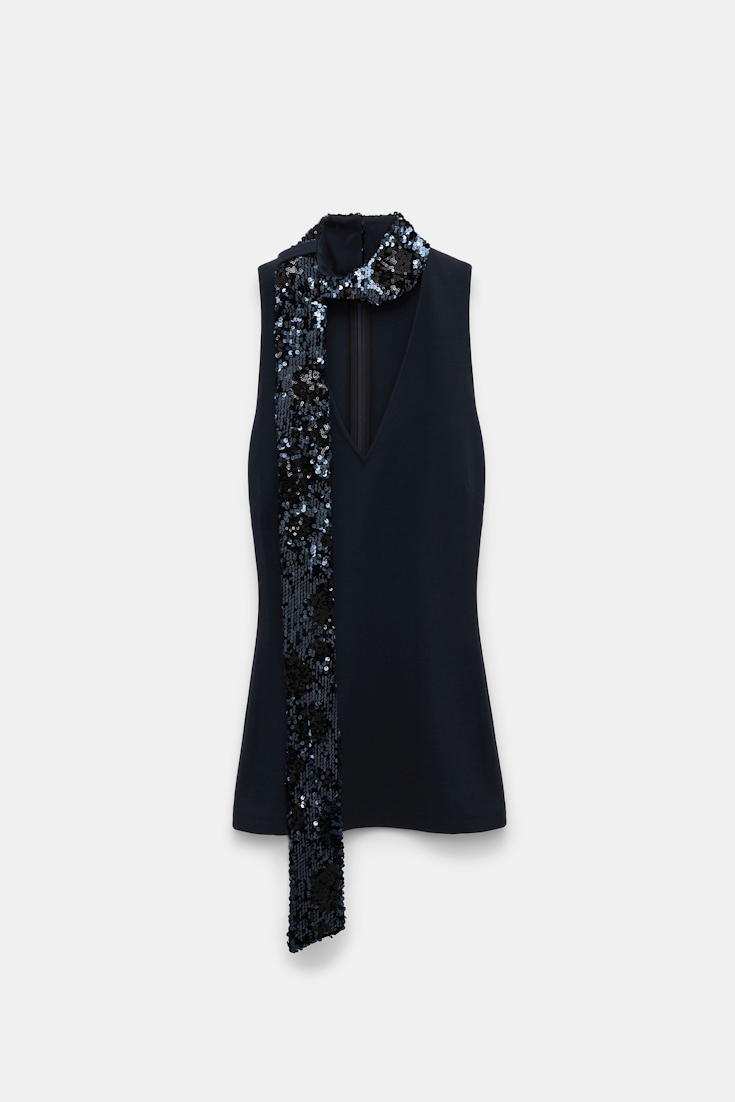 Dorothee Schumacher V-Neck Top aus Punto Milano mit Pailletten-Schal dark navy