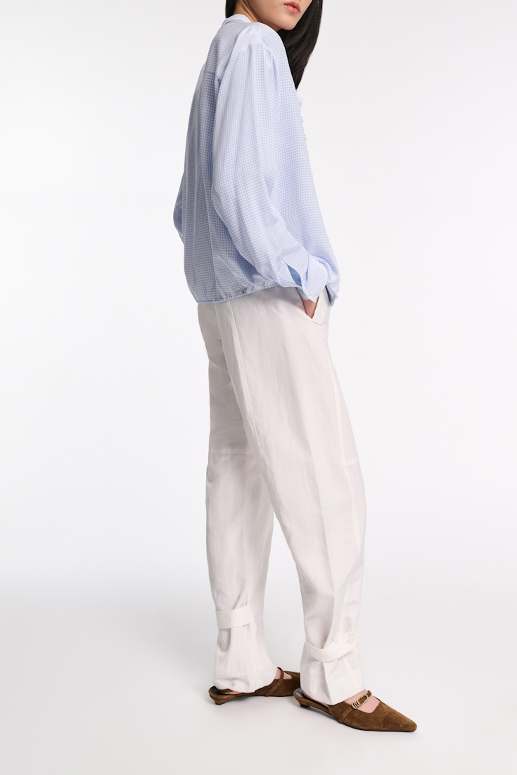 Dorothee Schumacher Gingham print blouson blouse with ruffle trim blue vichy