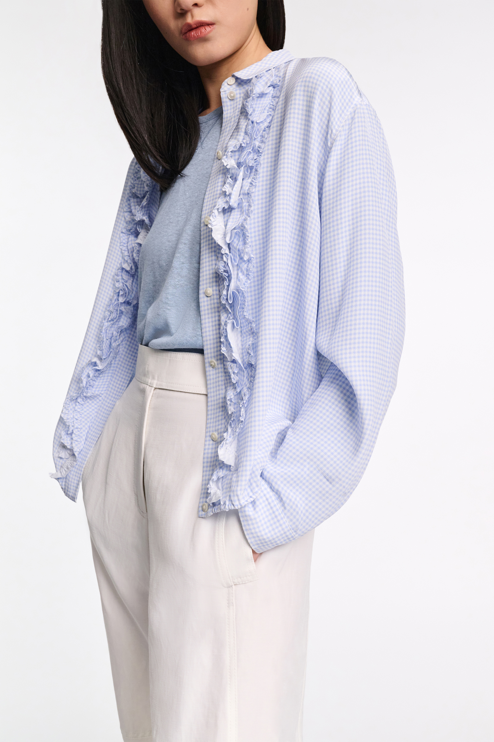Dorothee Schumacher Gingham print blouson blouse with ruffle trim blue vichy