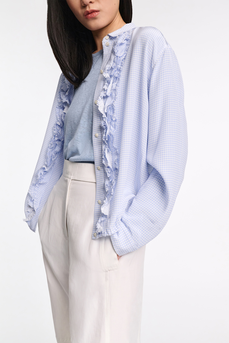 Dorothee Schumacher Gingham print blouson blouse with ruffle trim blue vichy