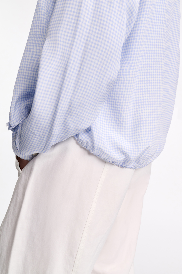 Dorothee Schumacher Gingham print blouson blouse with ruffle trim blue vichy