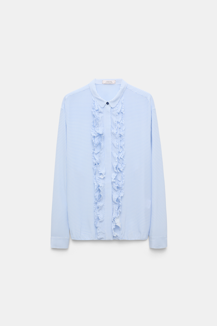 Dorothee Schumacher Gingham print blouson blouse with ruffle trim blue vichy