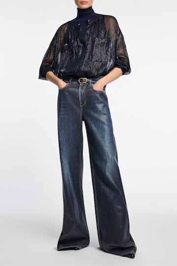 Dorothee Schumacher Boxy silk lamé chiffon blouse with pockets dark navy
