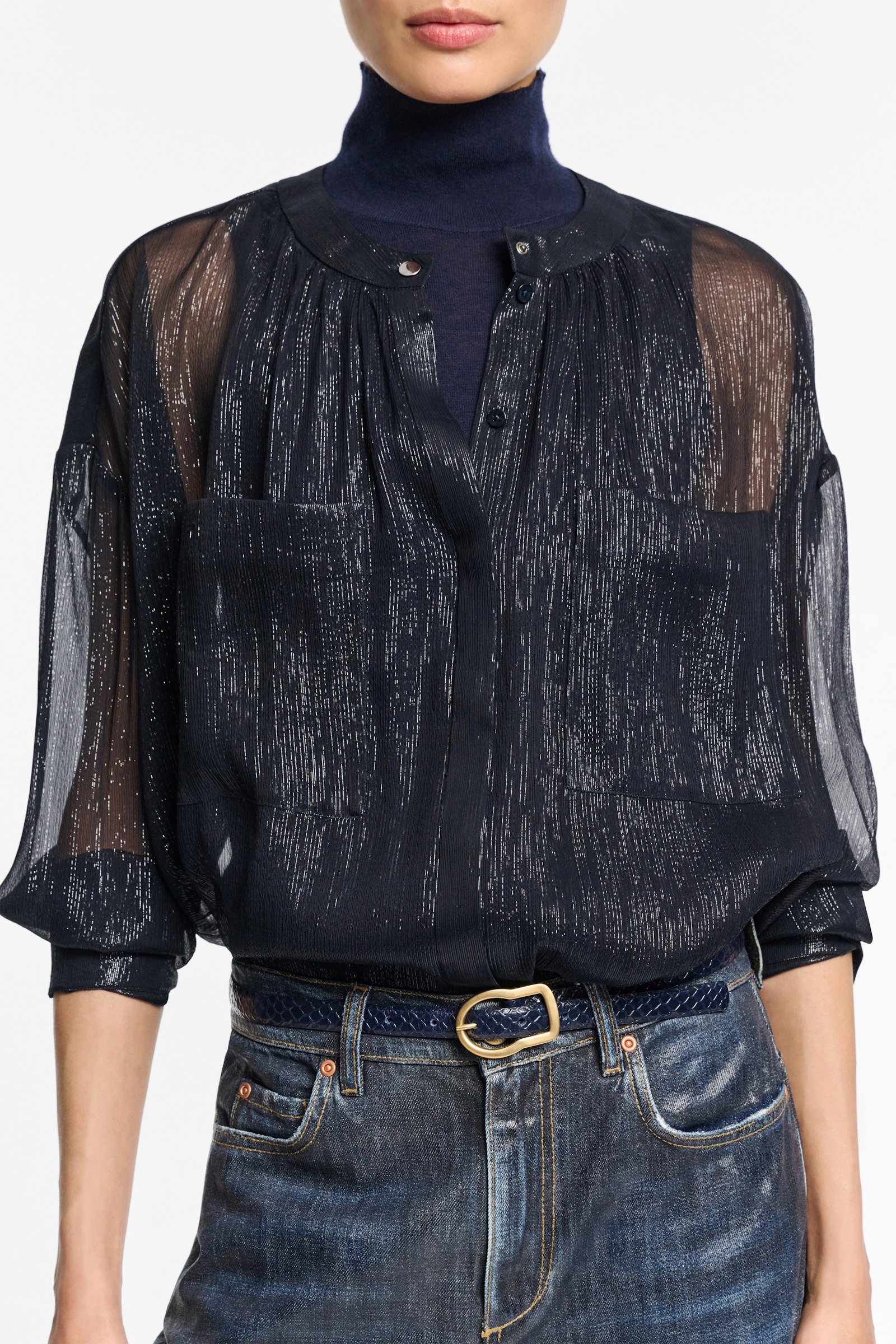 Dorothee Schumacher Boxy silk lamé chiffon blouse with pockets dark navy