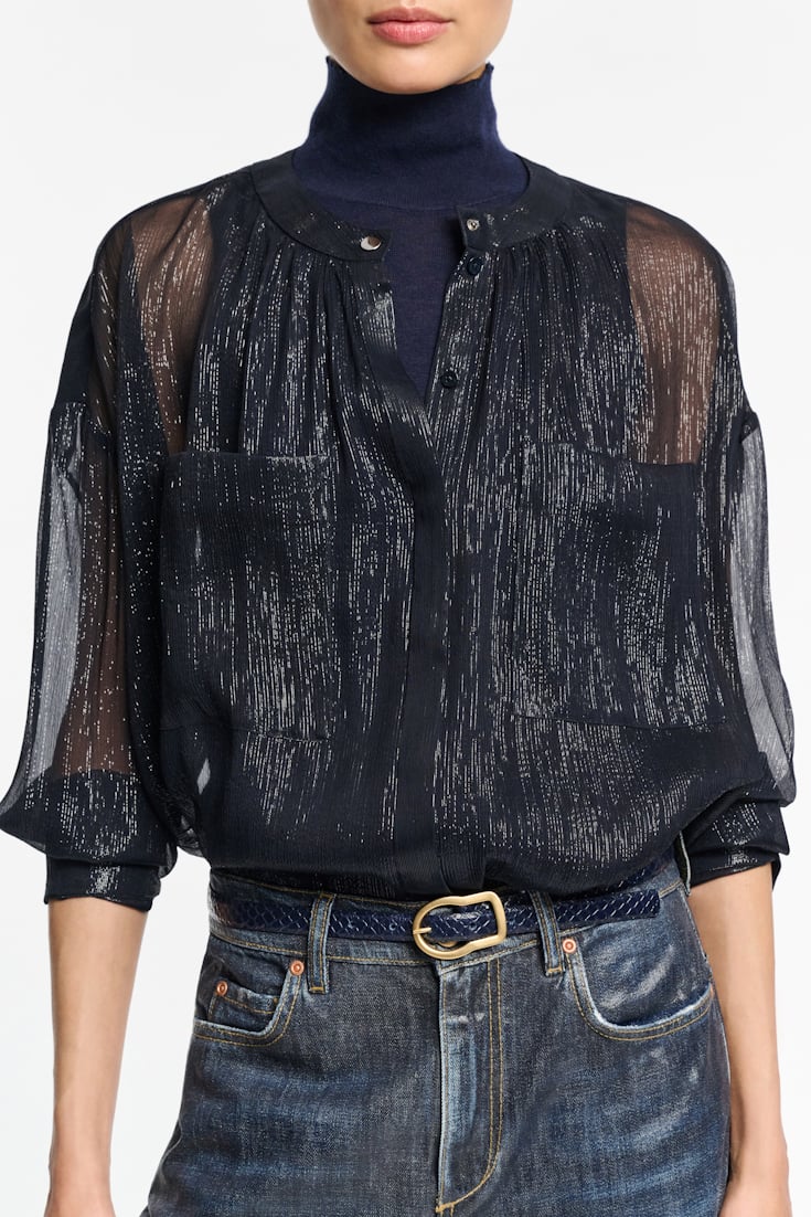 Dorothee Schumacher Boxy silk lamé chiffon blouse with pockets dark navy