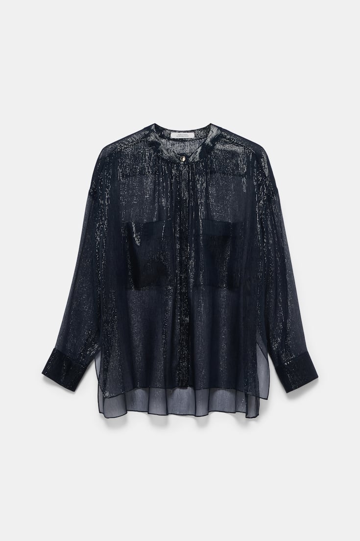 Dorothee Schumacher Boxy silk lamé chiffon blouse with pockets dark navy