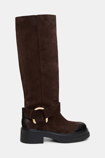 Dorothee Schumacher Tall waxed suede combat boots with signature D-ring chocolate brown