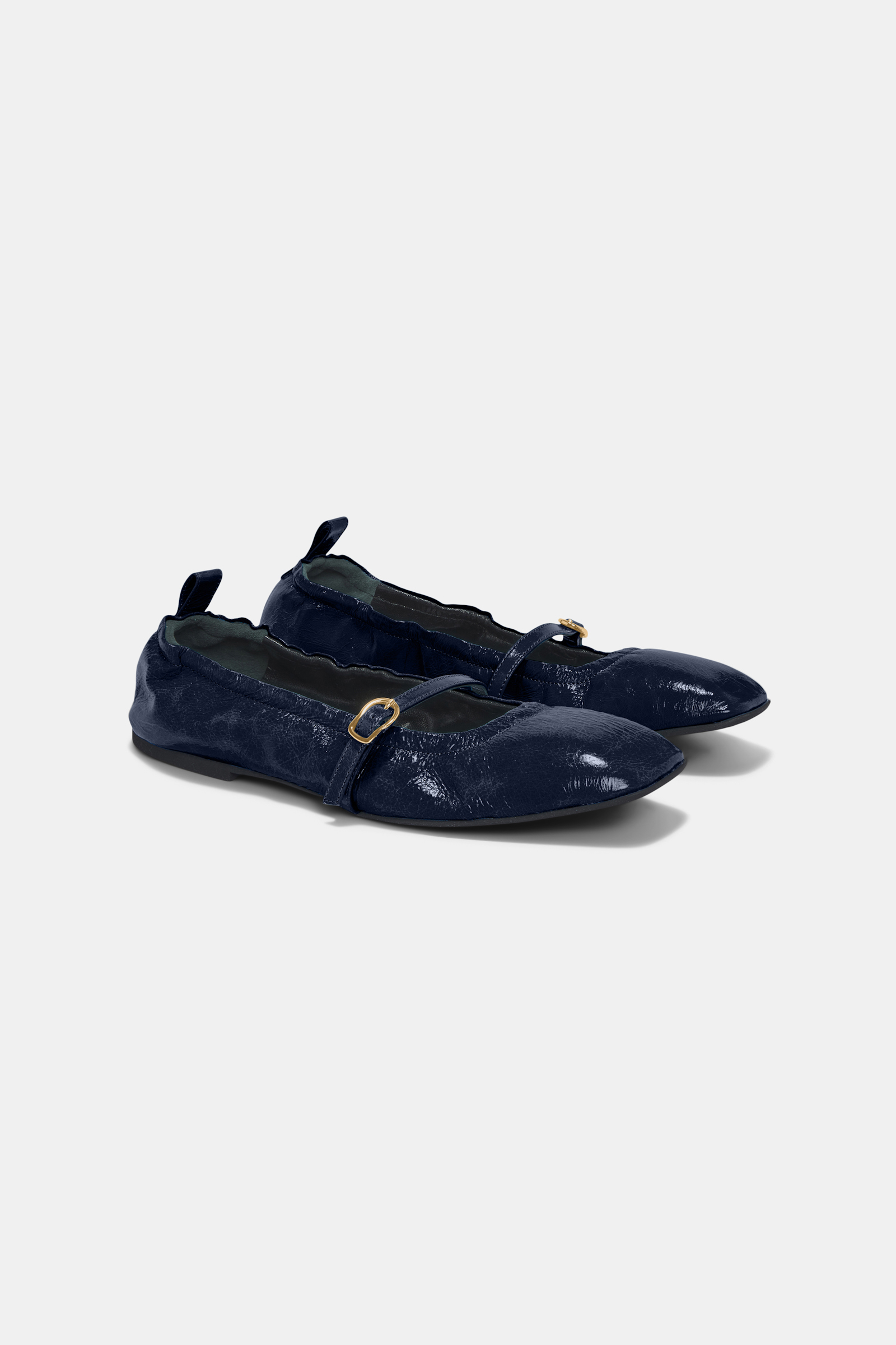 Dorothee Schumacher Square toe shiny leather flats with signature buckle blue night