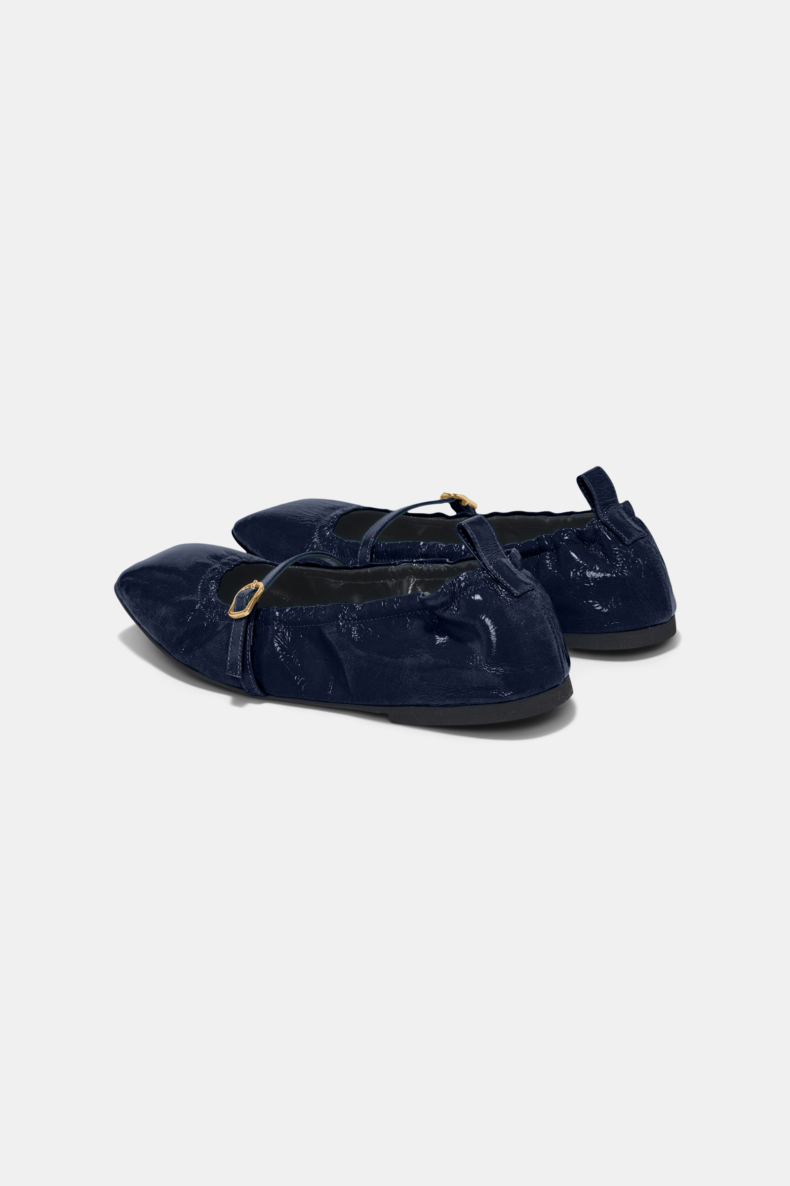 Dorothee Schumacher Square toe shiny leather flats with signature buckle blue night