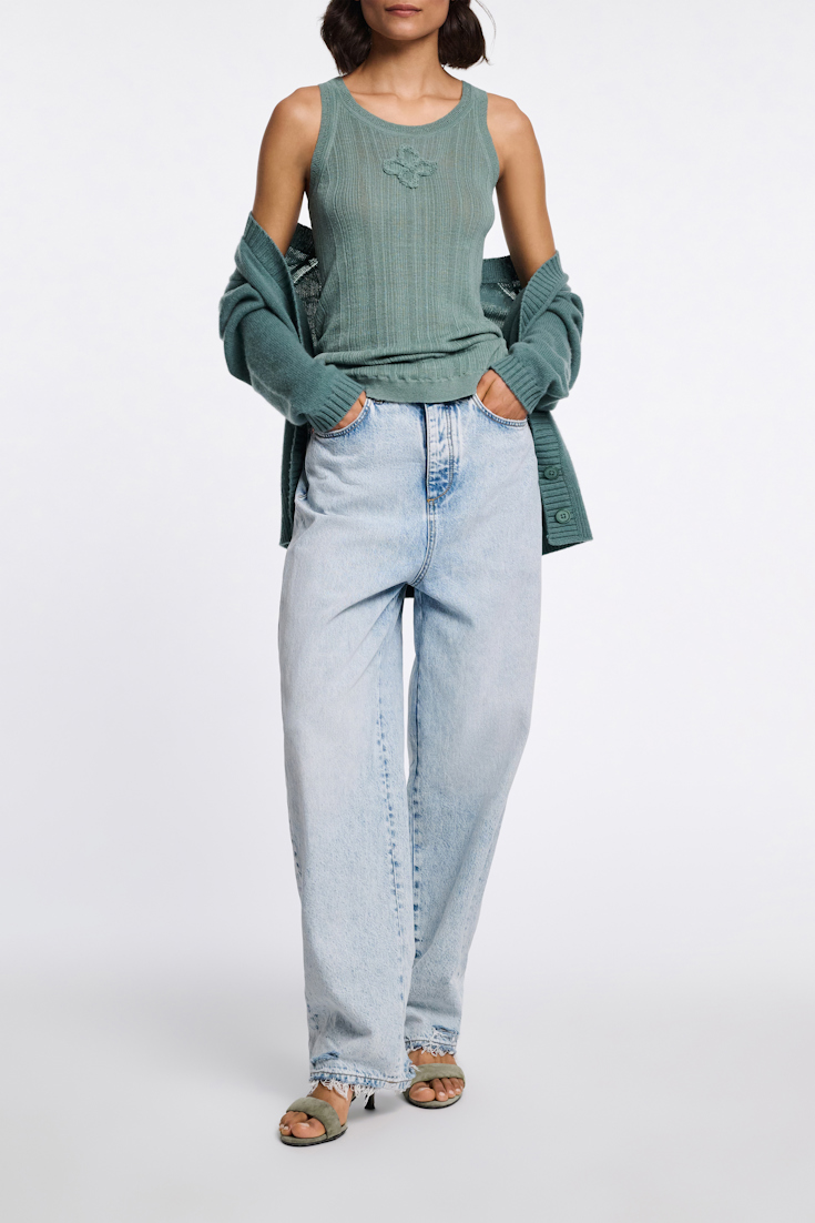 Dorothee Schumacher Linen blend ribbed tank top with D-rose embroidery jade