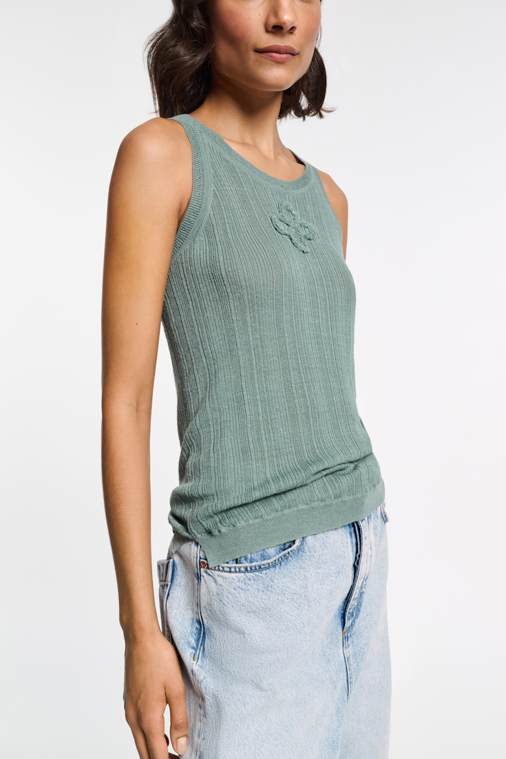 Dorothee Schumacher Linen blend ribbed tank top with D-rose embroidery jade