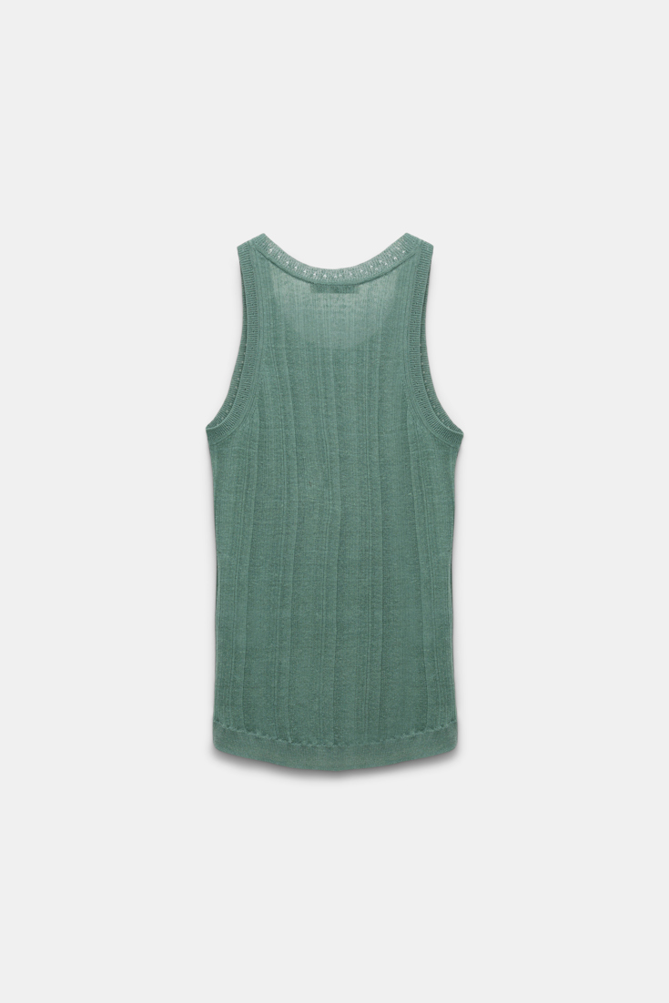 Dorothee Schumacher Linen blend ribbed tank top with D-rose embroidery jade