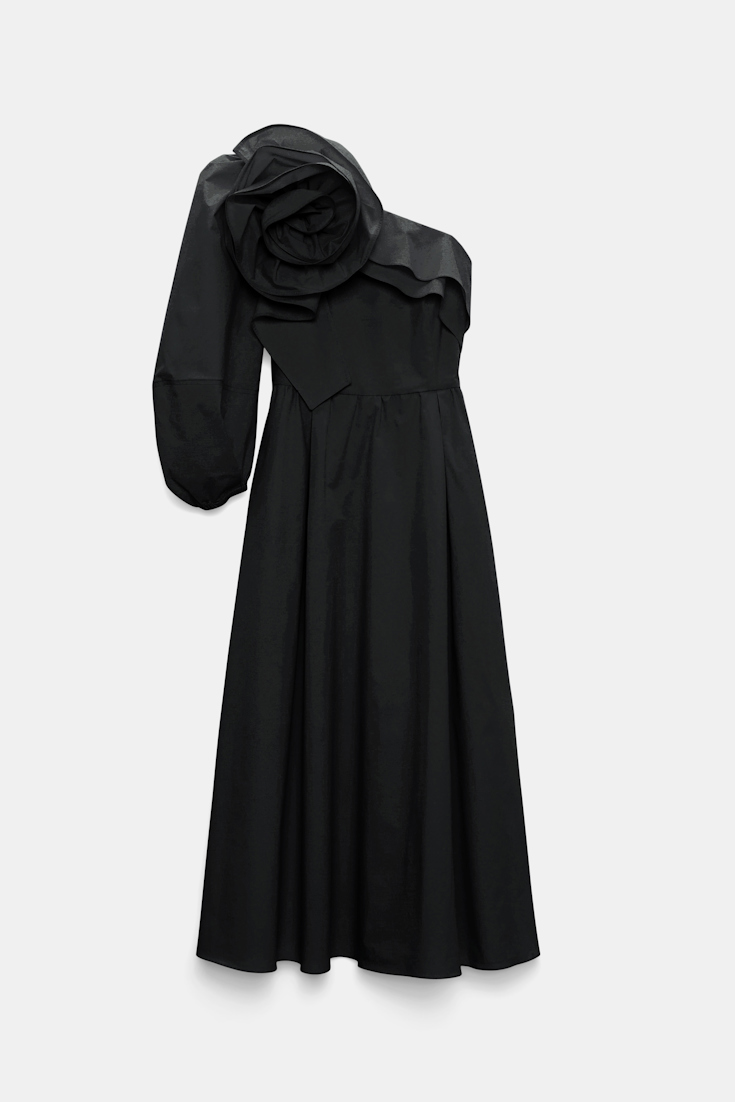Dorothee Schumacher Asymmetrisches Midi-Kleid mit Maxi-Blumenbrosche pure black
