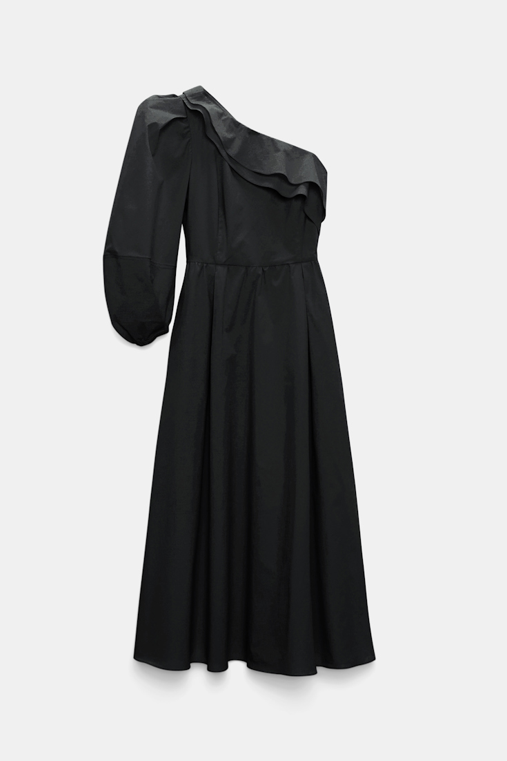 Dorothee Schumacher Asymmetrisches Midi-Kleid mit Maxi-Blumenbrosche pure black