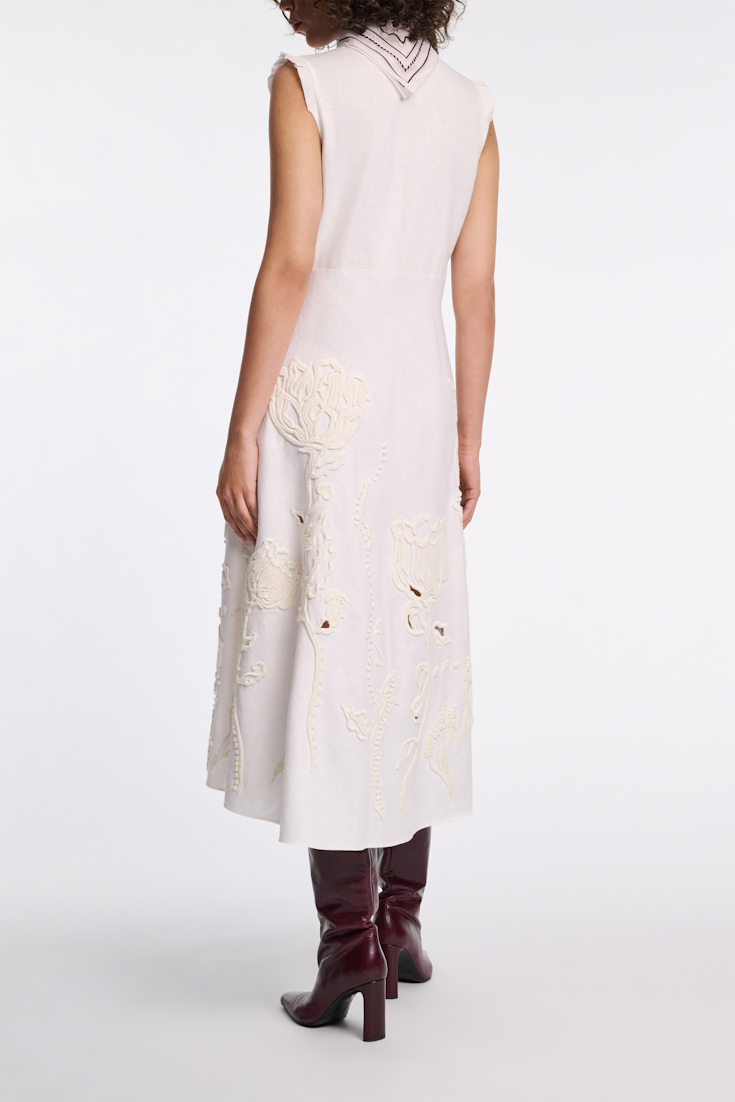 Dorothee Schumacher Linen midi dress with decorative embroidery camellia white