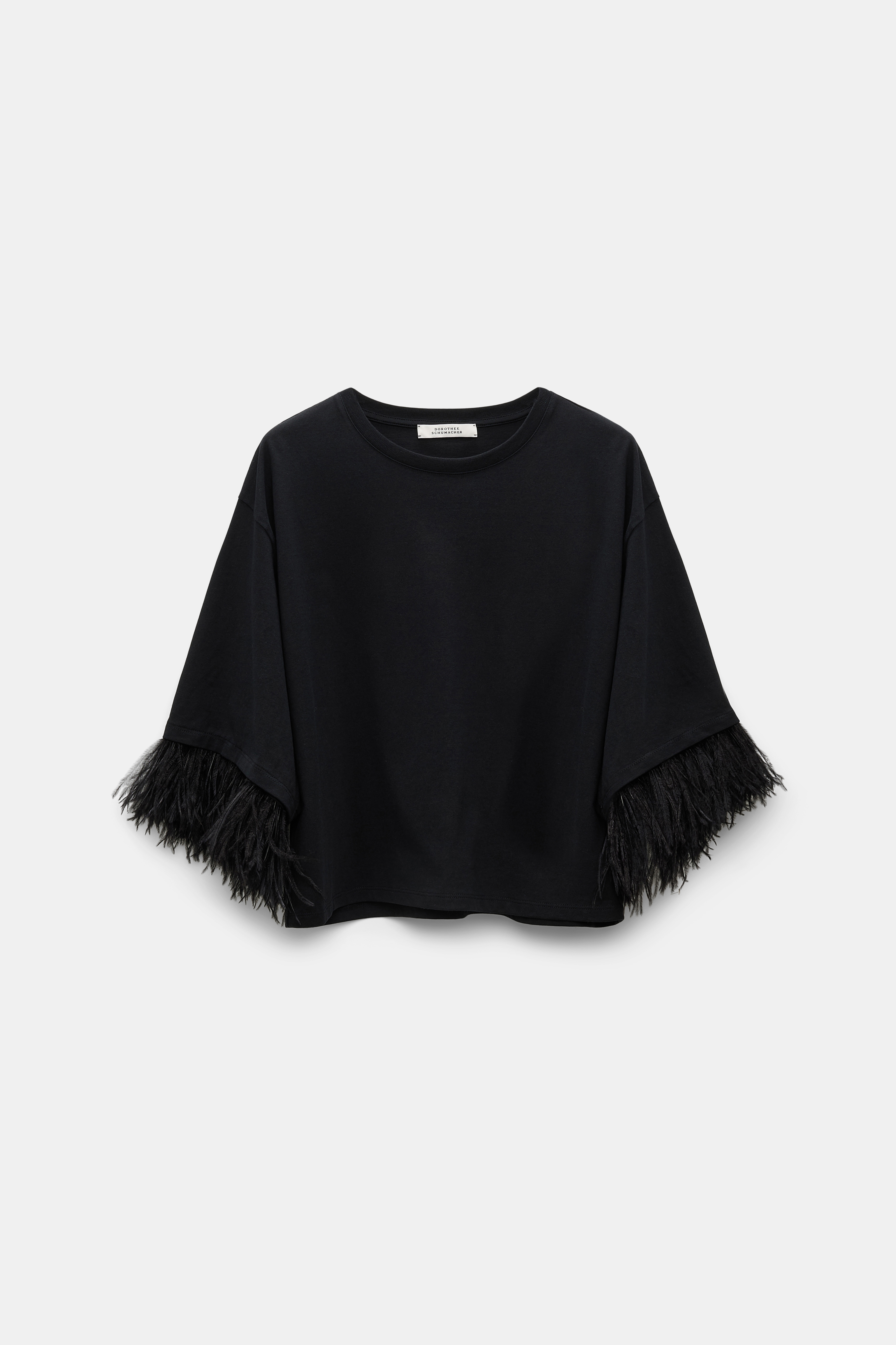 Dorothee Schumacher Boxy T-shirt with ostrich feather cuffs pure black