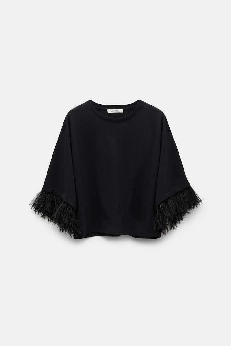 Dorothee Schumacher Rundhalsshirt mit abnehmbaren Straußenfeder-Details pure black